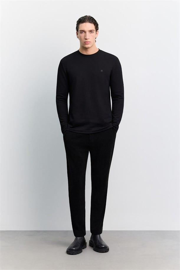 Siyah Bisiklet Yaka Viskon Karışımlı Bi-Stretch Basic Sweatshirt