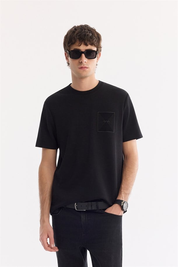Siyah Bisiklet Yaka Baskılı Bi-Stretch İnterlok T-Shirt