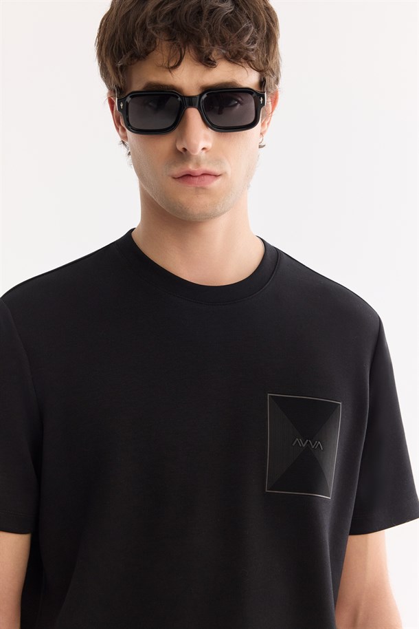 Siyah Bisiklet Yaka Baskılı Bi-Stretch İnterlok T-Shirt