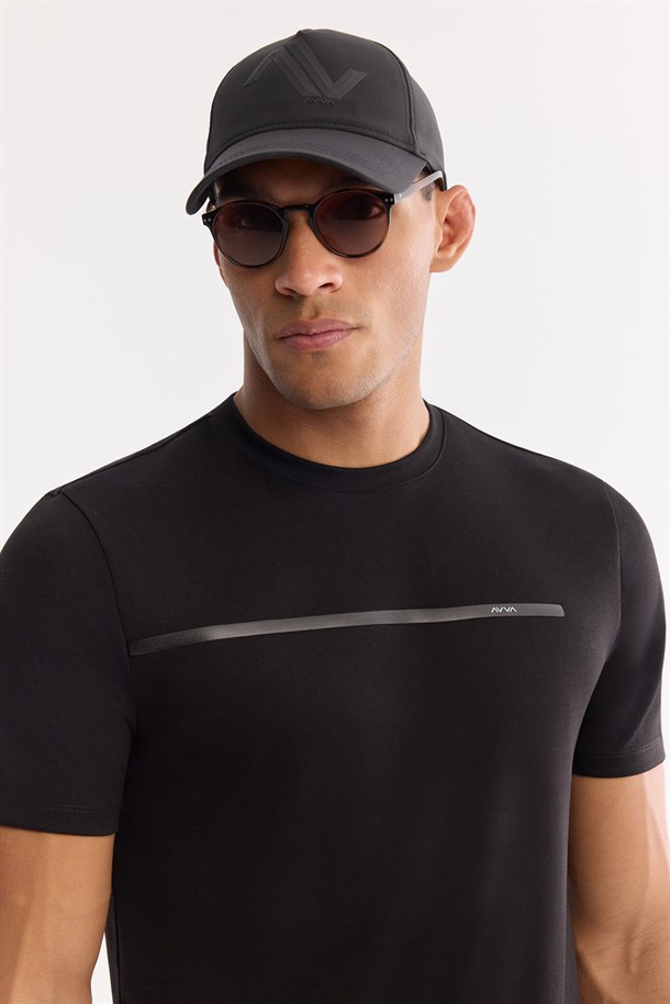 Siyah Bisiklet Yaka Yüksek Filexi Baskılı İnterlok T-Shirt