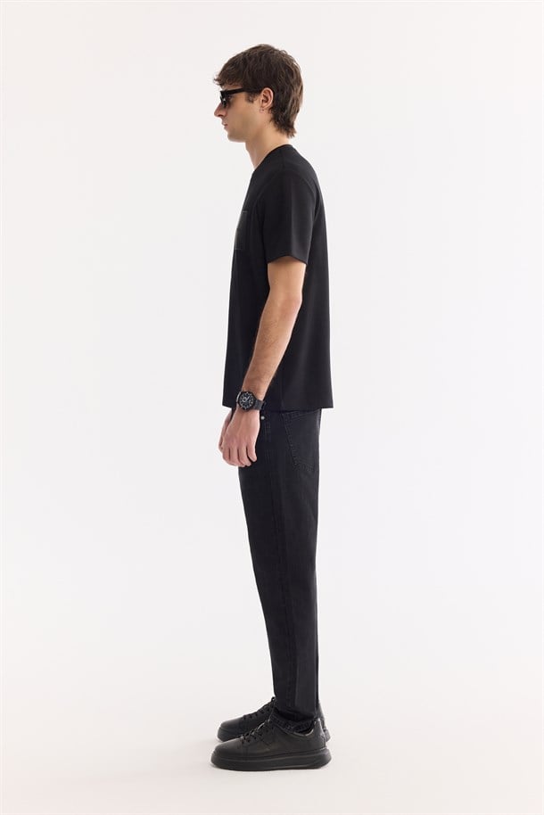 Siyah Bisiklet Yaka Baskılı Bi-Stretch İnterlok T-Shirt