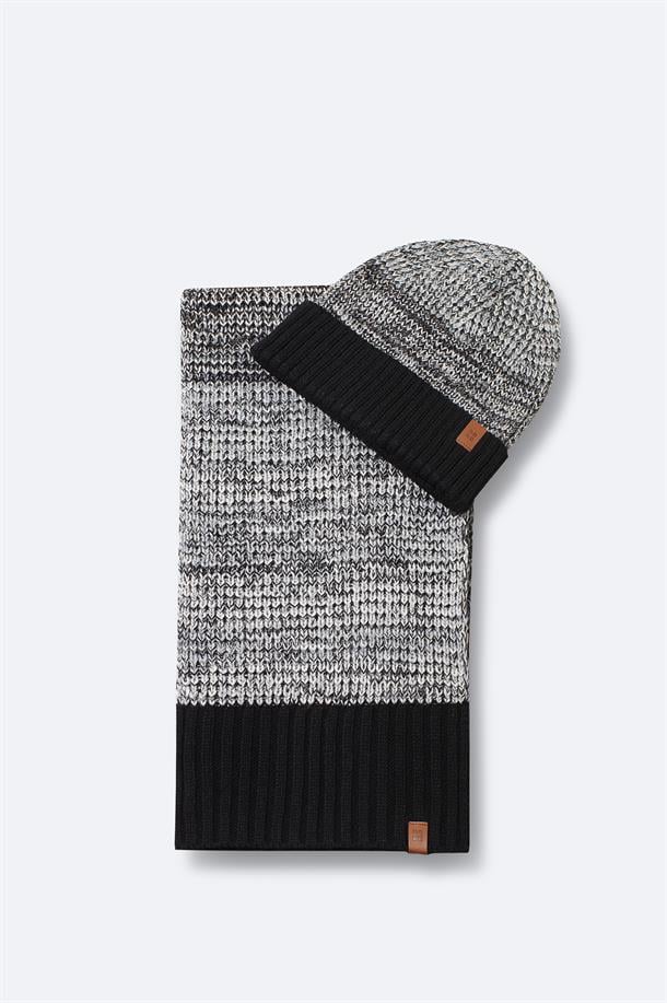 Siyah Blok Renkli Fitilli Triko Atkı Bere Takımı