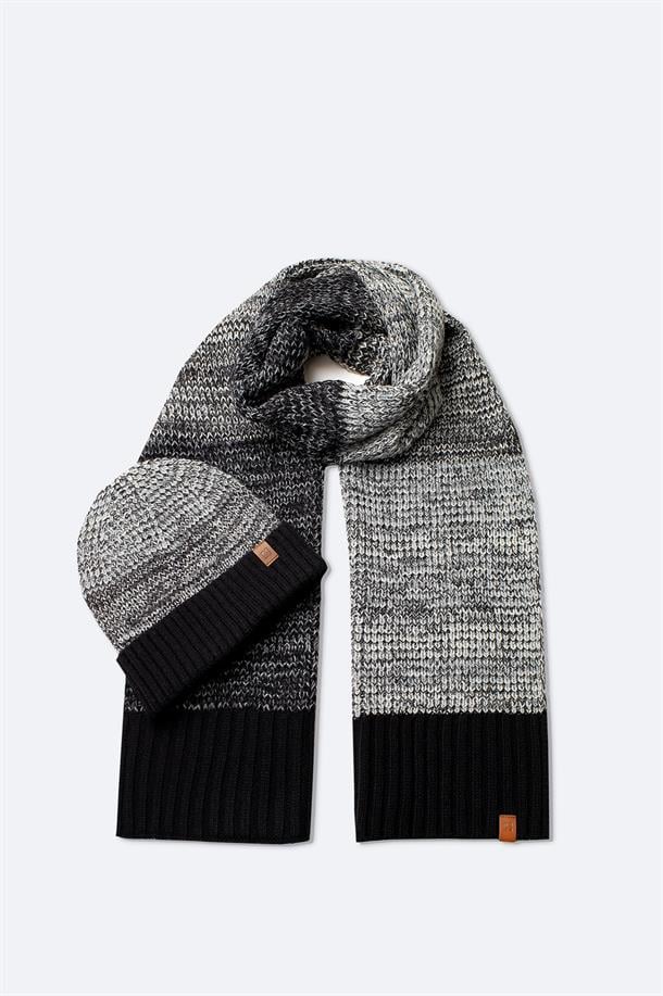 Siyah Blok Renkli Fitilli Triko Atkı Bere Takımı