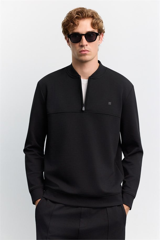Siyah Bomber Yaka Fermuarlı Kolay Ütülenen İnterlok Sweatshirt
