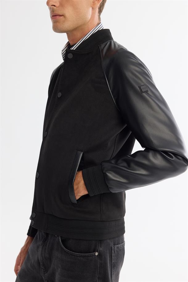 Siyah Bomber Yaka Süet Dokulu Mont