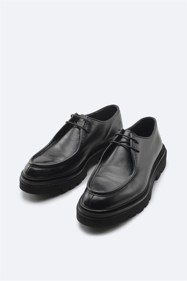 Siyah %100 Deri Bağcıklı Klasik Ayakkabı