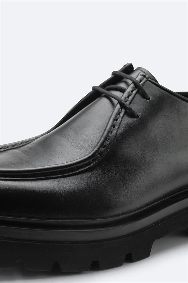 Siyah %100 Deri Bağcıklı Klasik Ayakkabı