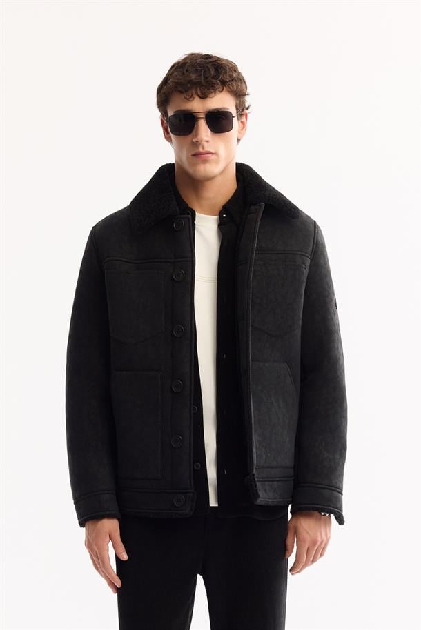 Siyah Kürklü Yaka Napa Mont