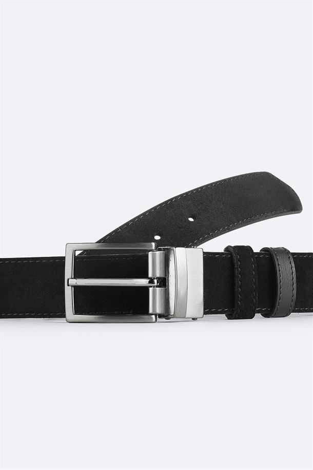 Siyah  %100 Deri | Süet Çift Taraflı Klasik Tokalı Kemer