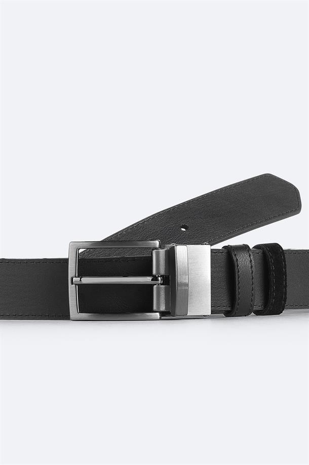 Siyah  %100 Deri | Süet Çift Taraflı Klasik Tokalı Kemer