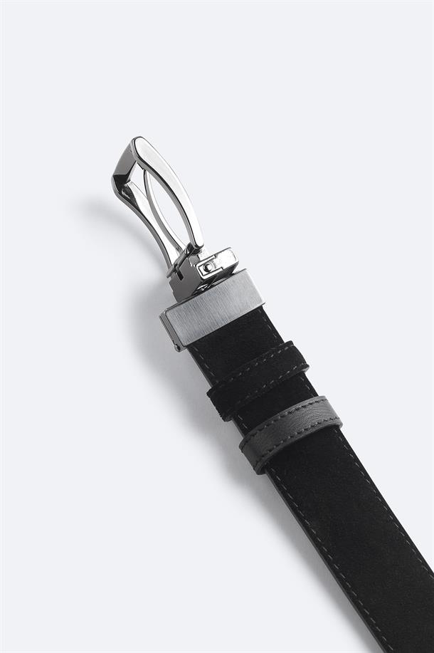 Siyah  %100 Deri | Süet Çift Taraflı Klasik Tokalı Kemer