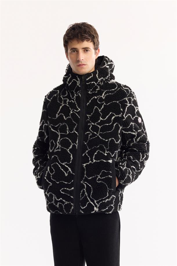 Siyah Kapüşonlu Çift Taraflı Rüzgar Geçirmez Peluş Mont