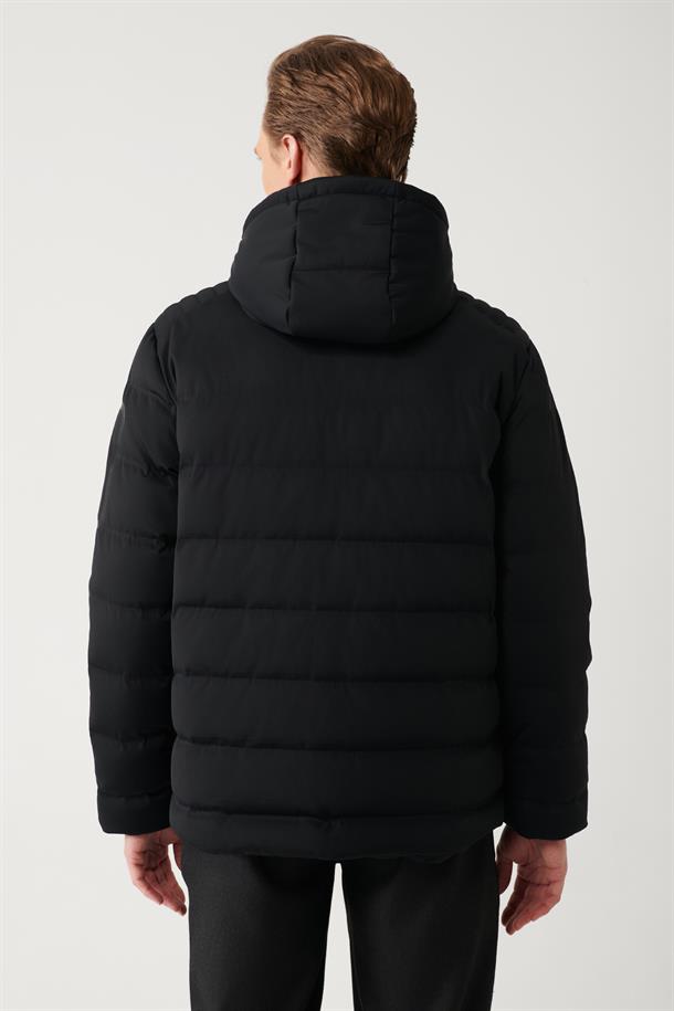 Siyah Kaz Tüyü Su İtici Rüzgar Geçirmez Termometreli Çıkarılabilir Kapüşonlu Şişme Mont