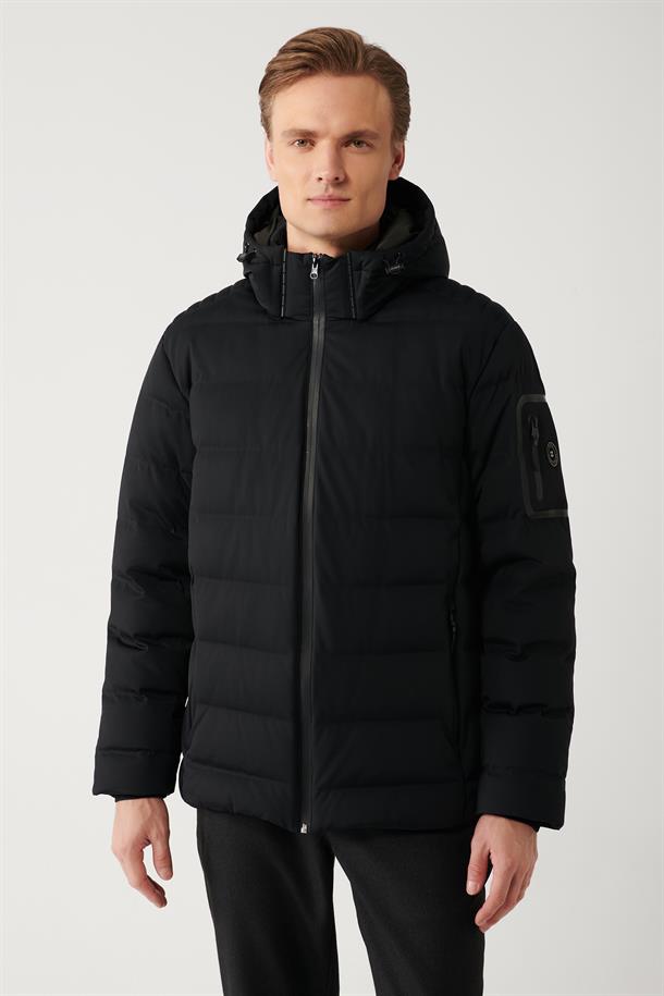 Siyah Kaz Tüyü Su İtici Rüzgar Geçirmez Termometreli Çıkarılabilir Kapüşonlu Şişme Mont