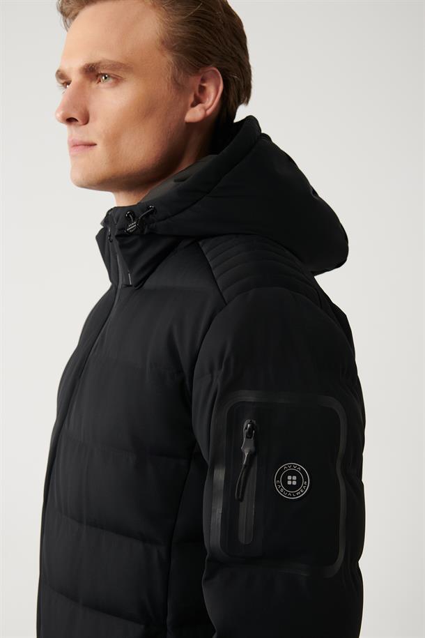 Siyah Kaz Tüyü Su İtici Rüzgar Geçirmez Termometreli Çıkarılabilir Kapüşonlu Şişme Mont