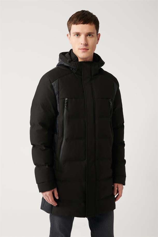 Siyah Çıkma Kapüşonlu Kaz Tüyü Dolgulu Su İtici Kumaşlı Mont 