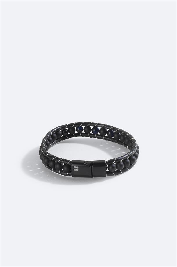 Siyah %100 Deri Ceyt ve Oniks Taşlı Deri Bileklik