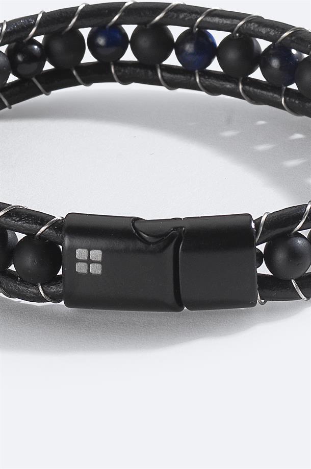 Siyah %100 Deri Ceyt ve Oniks Taşlı Deri Bileklik