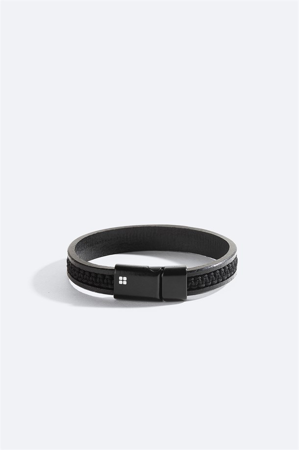 Black Leather Hematite Stone Bracelet