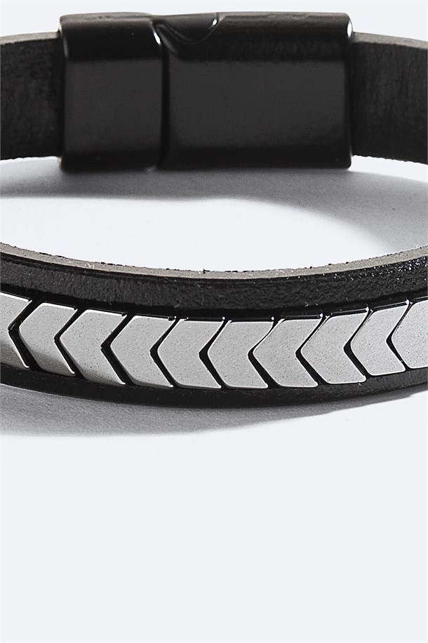 Black Leather Hematite Stone Bracelet