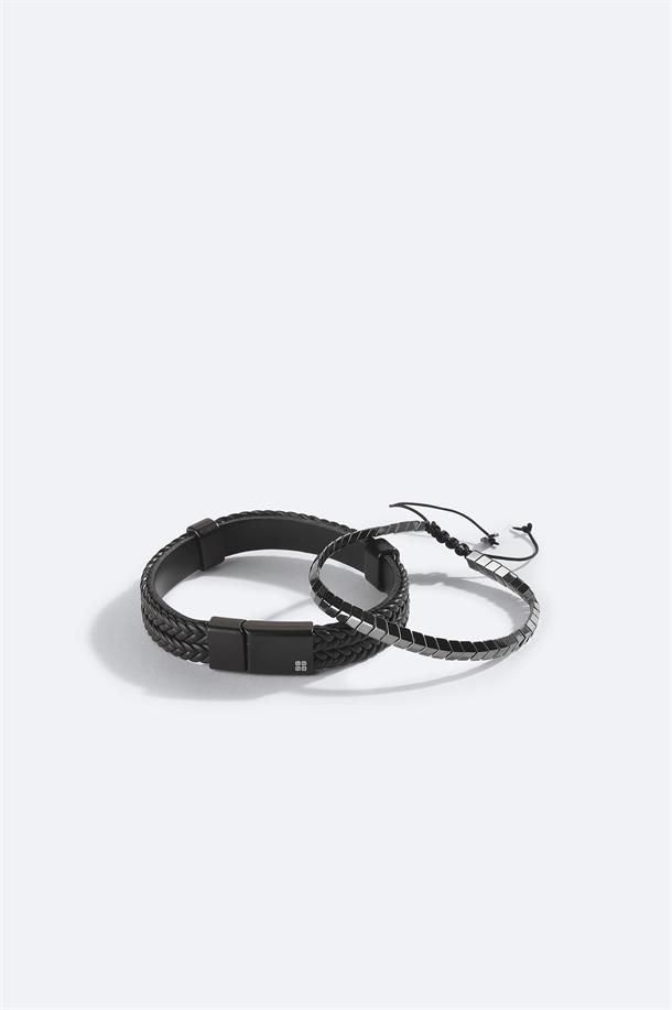 Siyah Deri ve Hematit Taşlı Bileklik