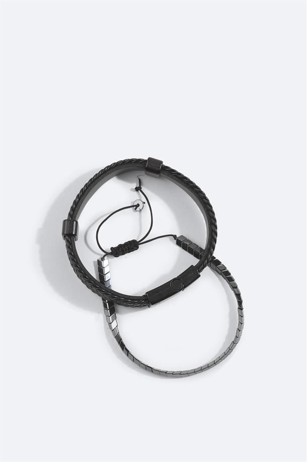 Siyah Deri ve Hematit Taşlı Bileklik