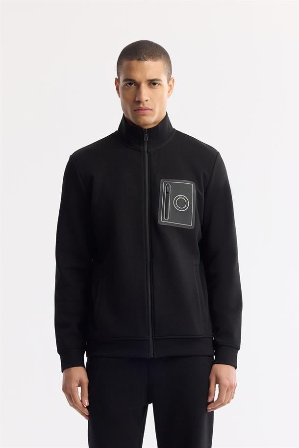 Siyah Dik Yaka Fermuarlı Bi-Stretch İnterlok Sweatshirt