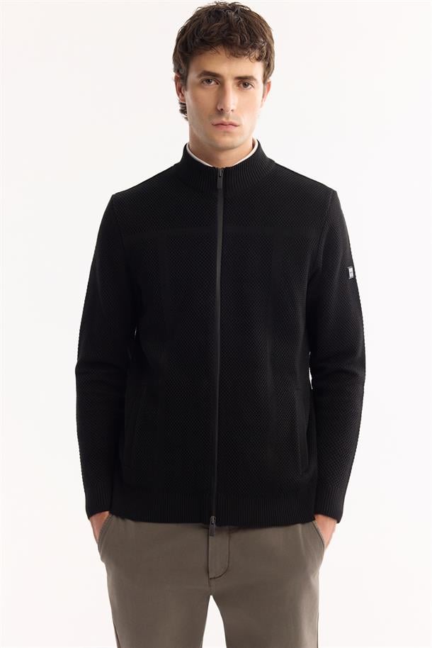 Siyah Dik Yaka Fermuarlı Yün Karışımlı Dokulu Hırka