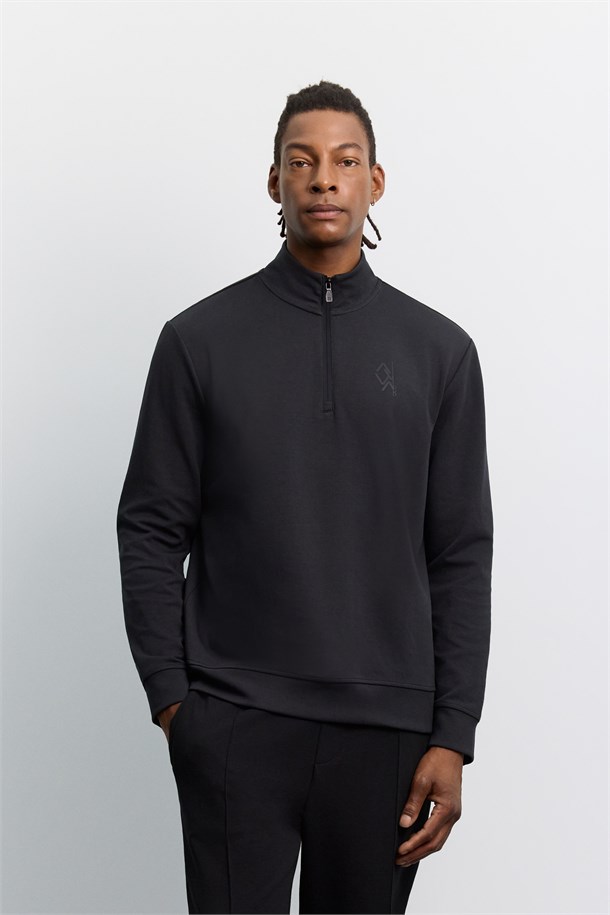 Siyah Dik Yaka Fermuarlı Baskılı Kolay Ütülenen Pamuklu Sweatshirt