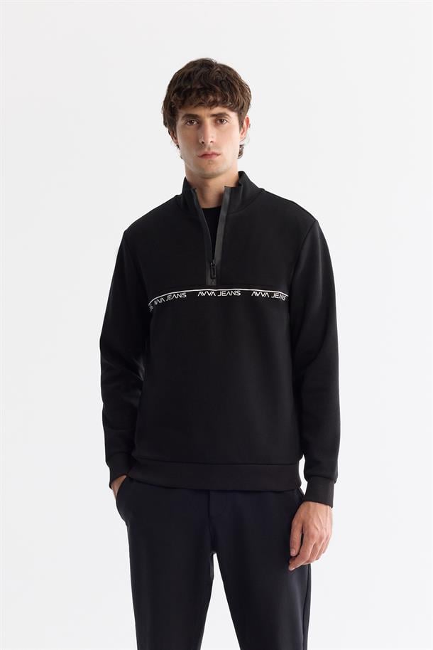 Siyah Dik Yaka Fermuarlı Baskılı Pamuklu Sweatshirt