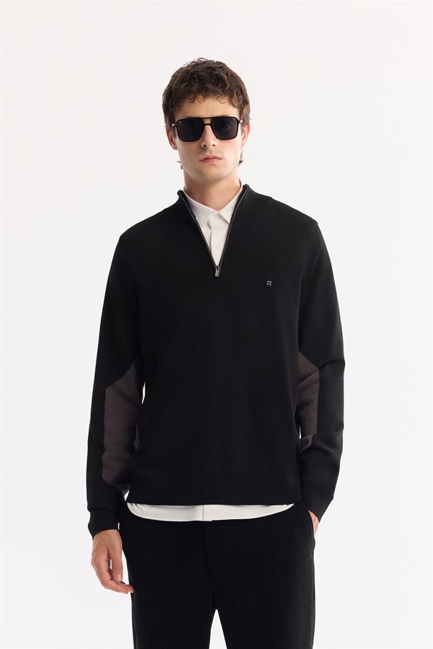 Siyah Dik Yaka Fermuarlı Rayon Tüylenmeyen Triko Kazak