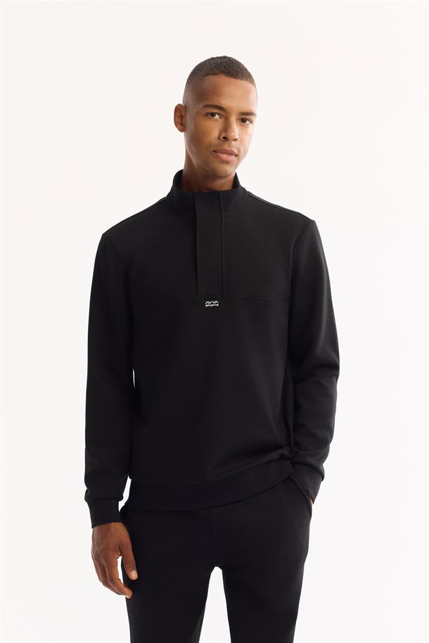 Siyah Dik Yaka Fermuarlı Kolay Ütülenen Bi-Stretch Sweatshirt