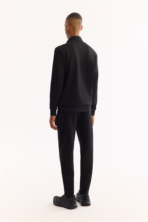 Siyah Dik Yaka Fermuarlı Kolay Ütülenen Bi-Stretch Sweatshirt