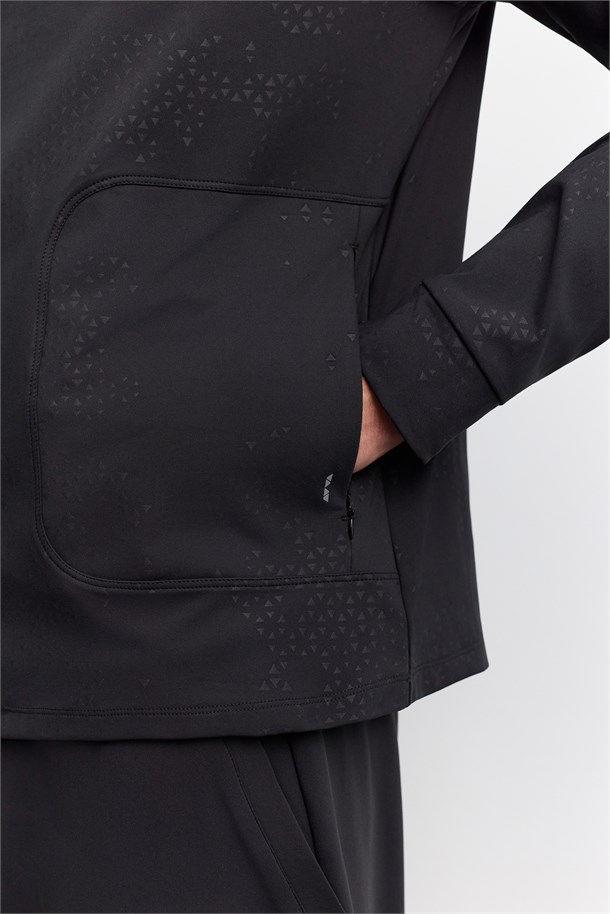 Siyah Dik Yaka Fermuarlı Baskılı İçi Şardonlu Teknik Kumaş Sweatshirt