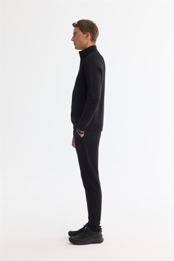 Siyah Dik Yaka Fermuarlı 3 İplik Şardonlu Sweatshirt