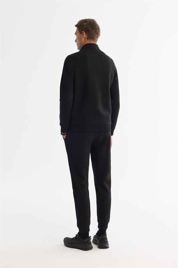 Siyah Dik Yaka Fermuarlı 3 İplik Şardonlu Sweatshirt