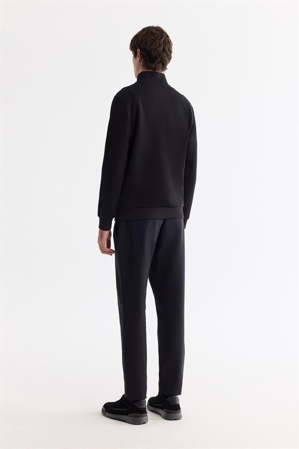 Siyah Dik Yaka Fermuarlı Baskılı Pamuklu Sweatshirt