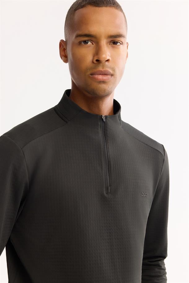 Siyah Dik Yaka Fermuarlı Bi-Stretch Sweatshirt