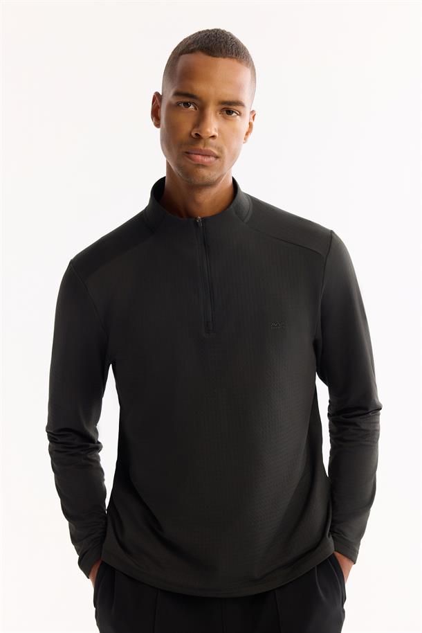 Siyah Dik Yaka Fermuarlı Bi-Stretch Sweatshirt