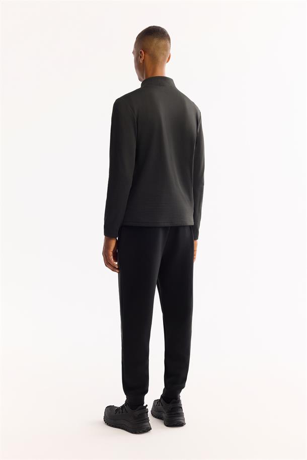 Siyah Dik Yaka Fermuarlı Bi-Stretch Sweatshirt