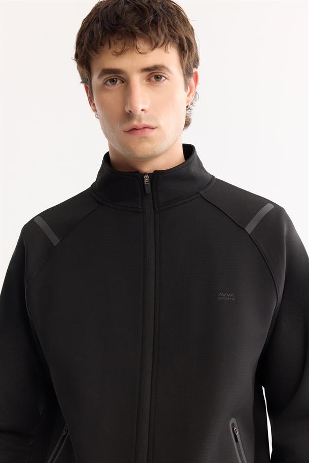 Siyah Dik Yaka Fermuarlı Bi-Stretch Sweatshirt