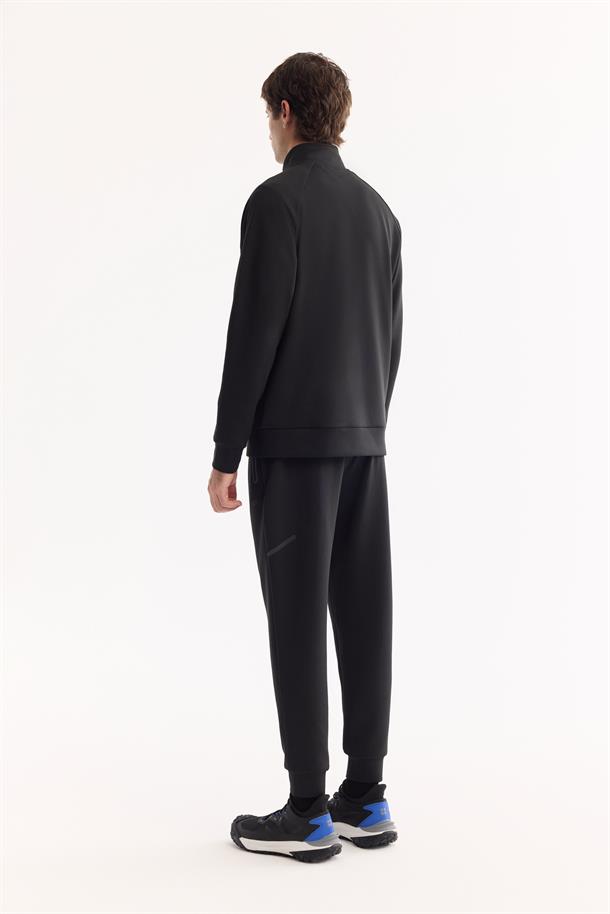 Siyah Dik Yaka Fermuarlı Bi-Stretch Sweatshirt