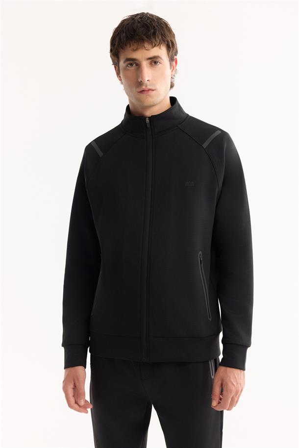 Siyah Dik Yaka Fermuarlı Bi-Stretch Sweatshirt