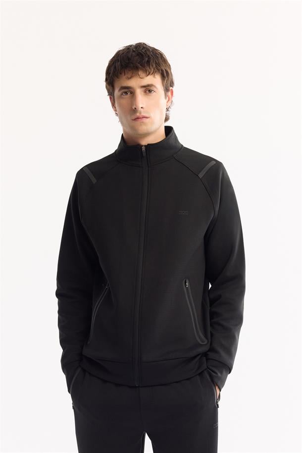 Siyah Dik Yaka Fermuarlı Bi-Stretch Sweatshirt