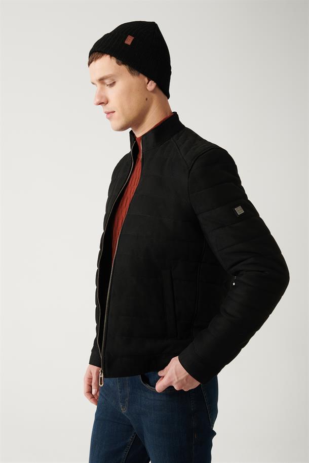 Siyah Dik Yaka Kapitone Elyaflı İnce Mont