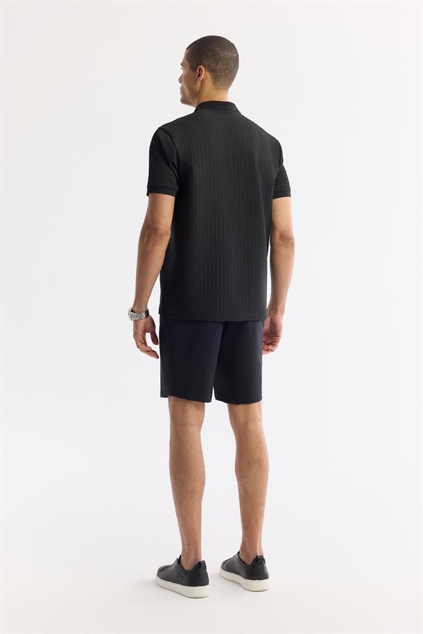 Siyah Polo Yaka Jakarlı Elastan T-Shirt