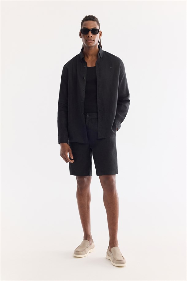 Siyah Düğmeli Yaka %100 Keten Gömlek