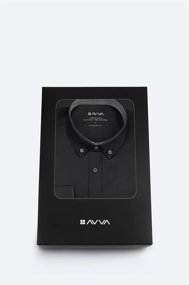 Siyah Düğmeli Yaka Hediye Kutulu %100 Pamuk Basic Gömlek