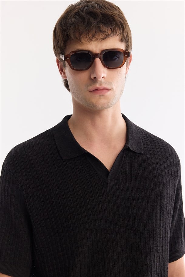 Siyah Polo Yaka Düğmesiz Soft Touch Triko T-Shirt