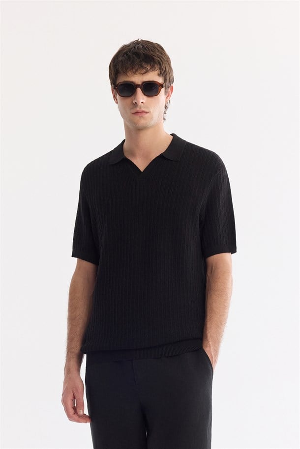 Siyah Polo Yaka Düğmesiz Soft Touch Triko T-Shirt